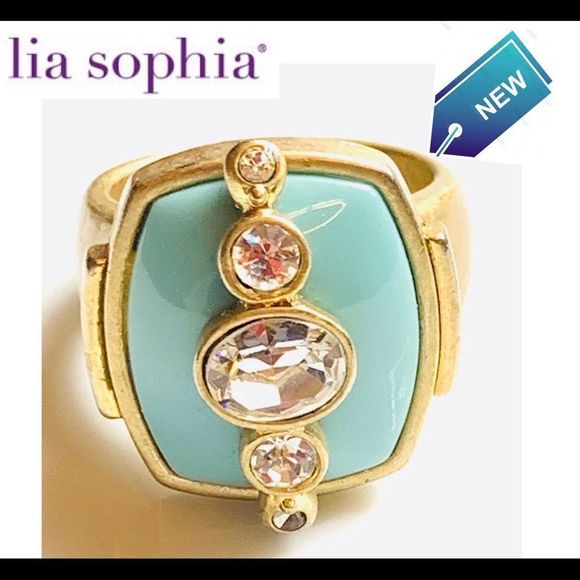 Lia Sophia NWT mint green gold tone Swarovski overlay ring size 7 - Picture 8 of 8